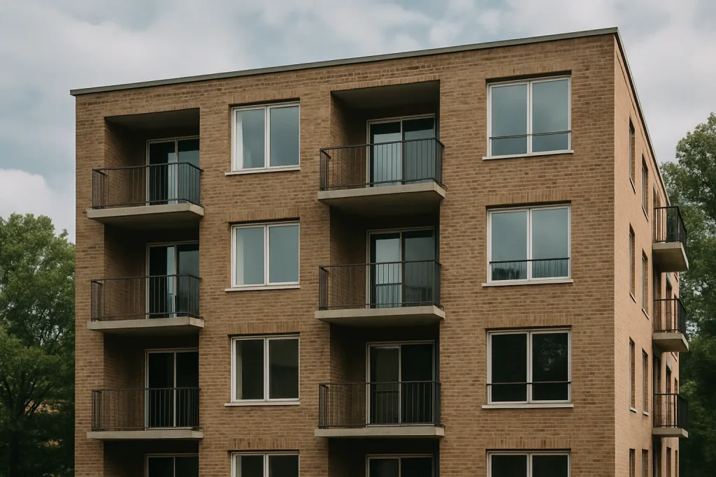 Façade d'un immeuble en briques avec balcons sous un ciel nuageux