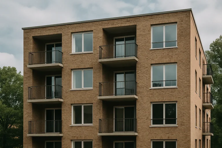 Façade d'un immeuble en briques avec balcons sous un ciel nuageux