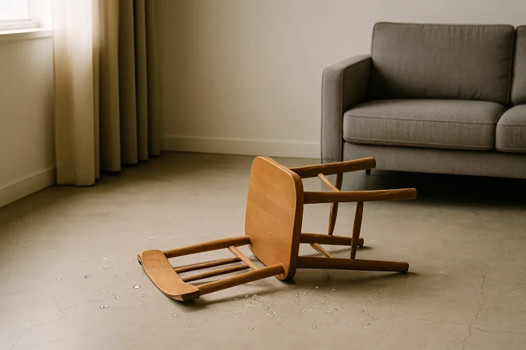 Scène intérieure avec chaise renversée et éclats de verre éparpillés au sol.