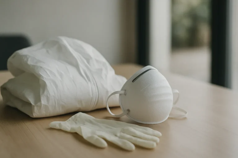 Combinaison de protection blanche avec gants et masque sur une table, lumière naturelle.