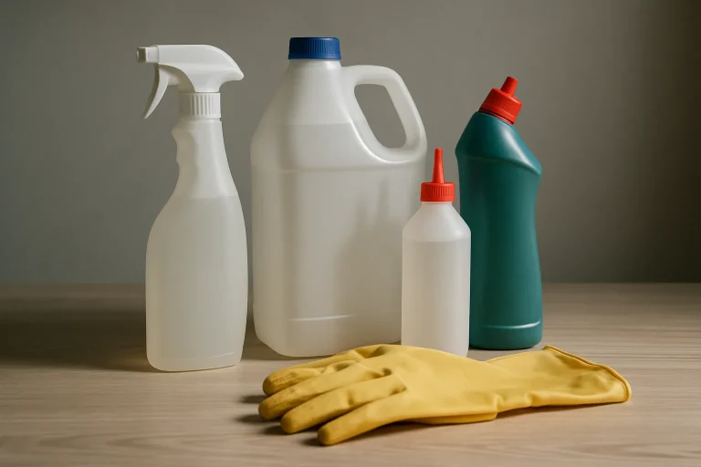 Flacons de produits de nettoyage et gants sur une table.