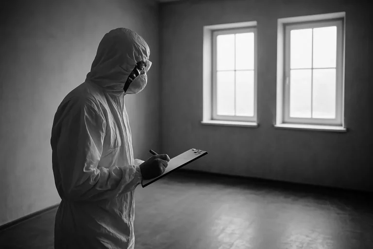 Agent en combinaison de protection inspectant une pièce, lumière du jour.