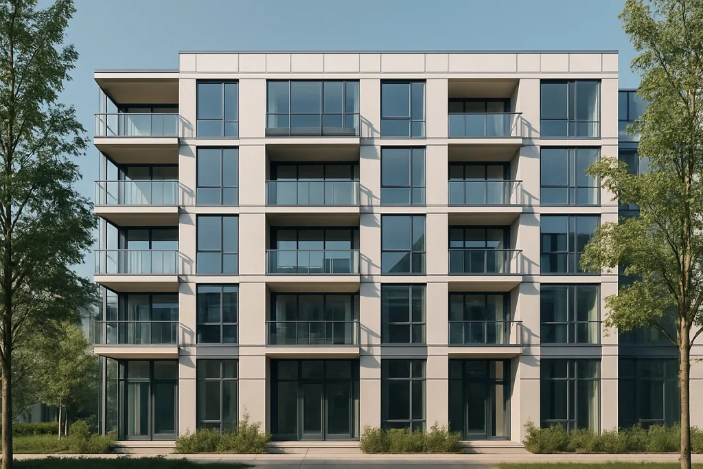 Façade d'un immeuble résidentiel moderne sous un ciel dégagé avec arbres