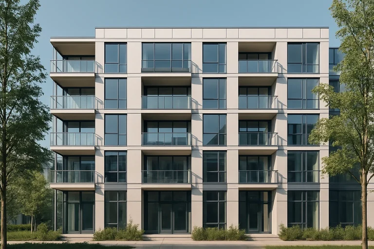Façade d'un immeuble résidentiel moderne sous un ciel dégagé avec arbres