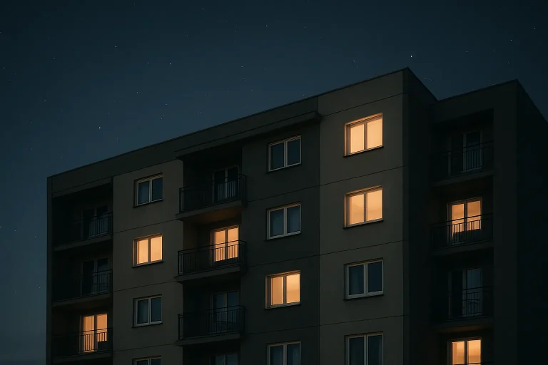 Immeuble résidentiel la nuit avec quelques fenêtres éclairées, ambiance calme.