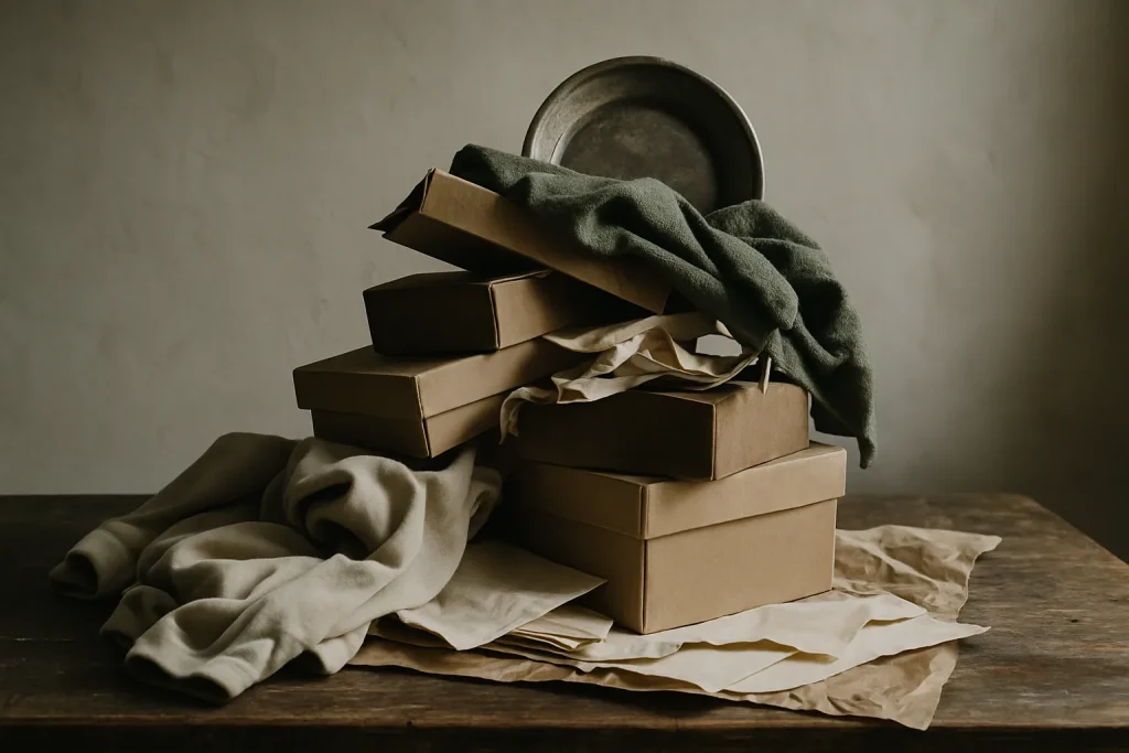 Vue de nombreux objets empilés désordonnés sur une table, lumière douce